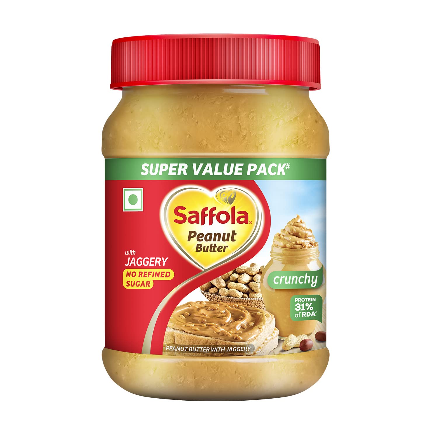 Jar of Saffola high protein crunchy peanut butter with jaggery