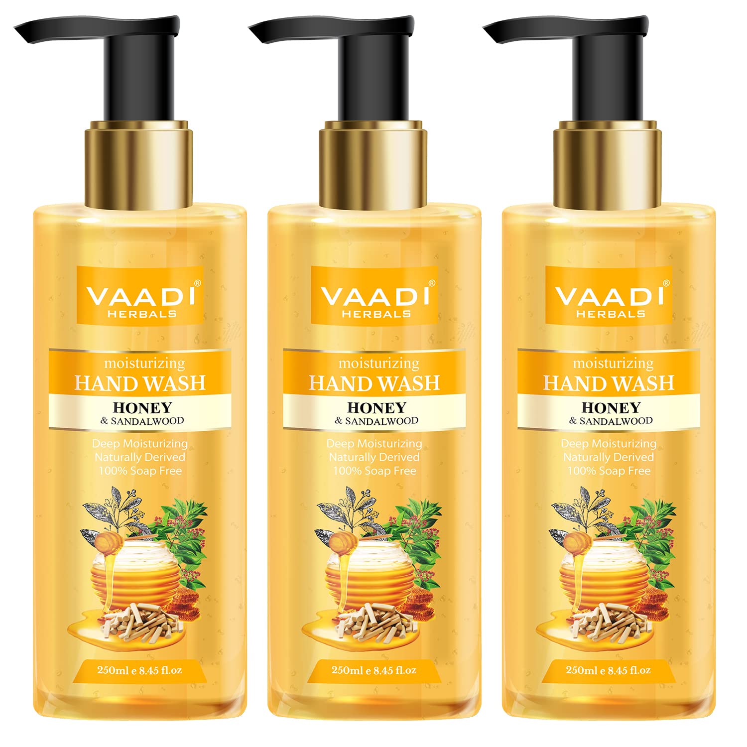 Three bottles of Vaadi Herbals moisturizing honey sandal hand wash