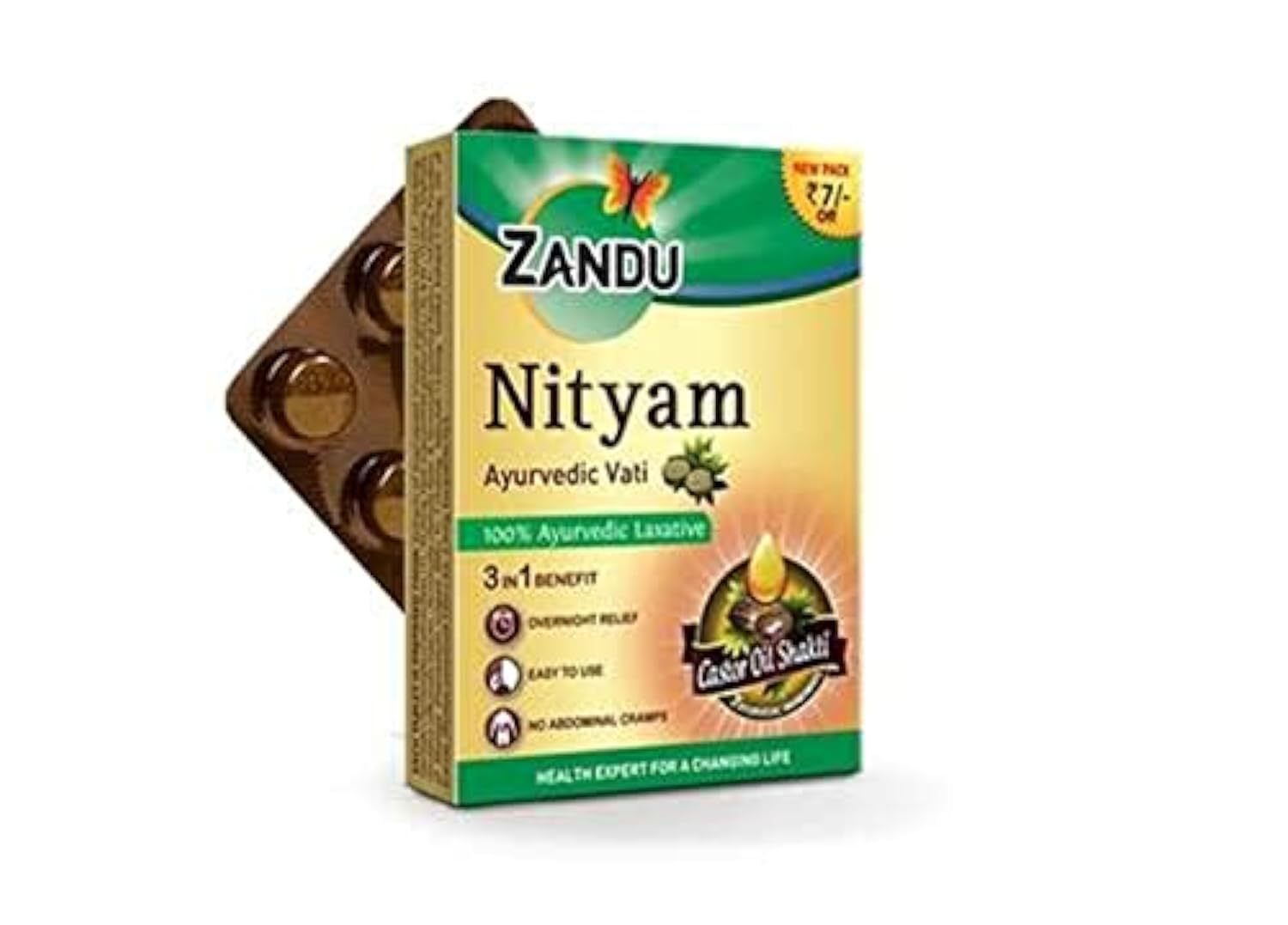 Zandu Nityam tablets packaging showing five strips for stomach relief
