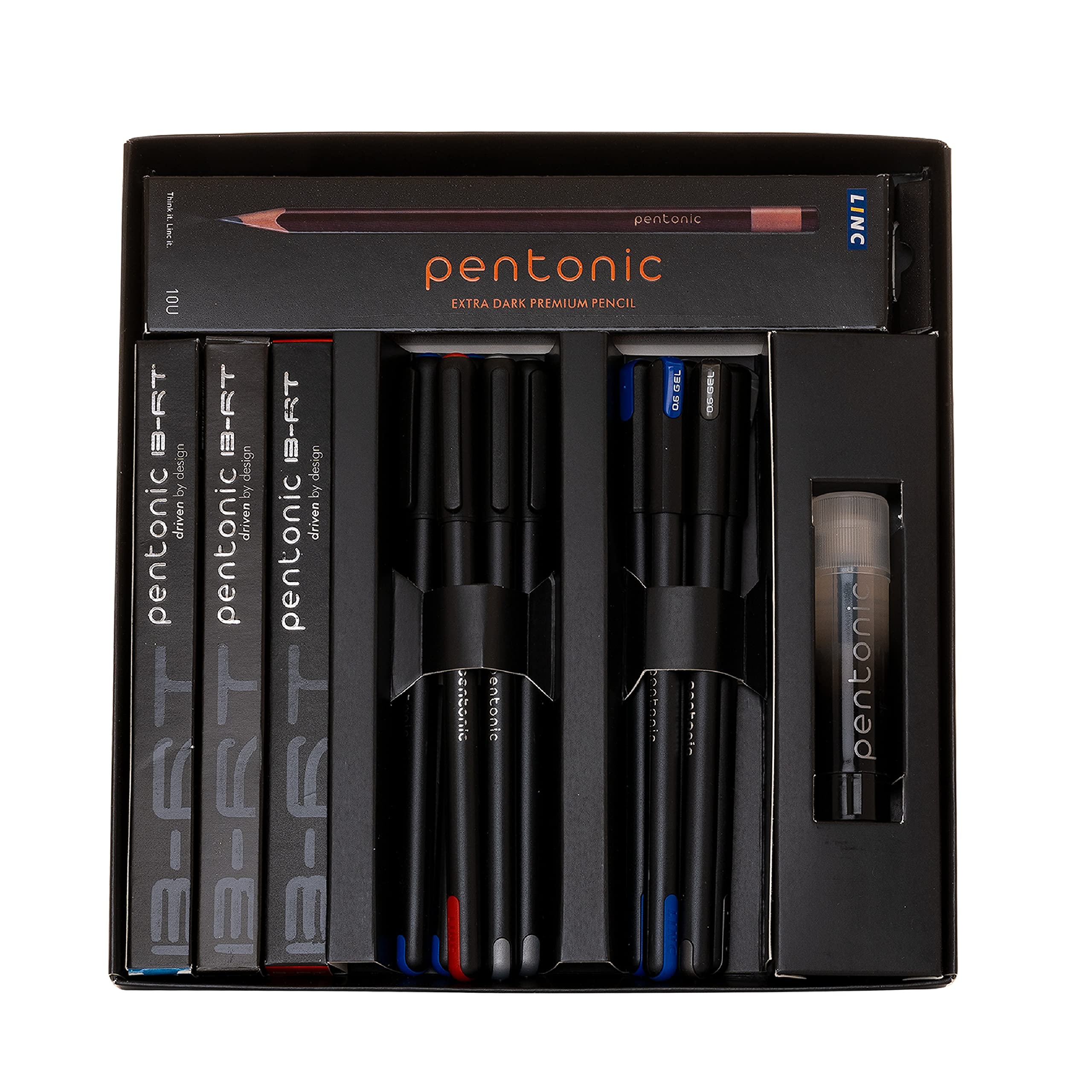 Black Pentonic stationery gift box with pens, pencils and glue