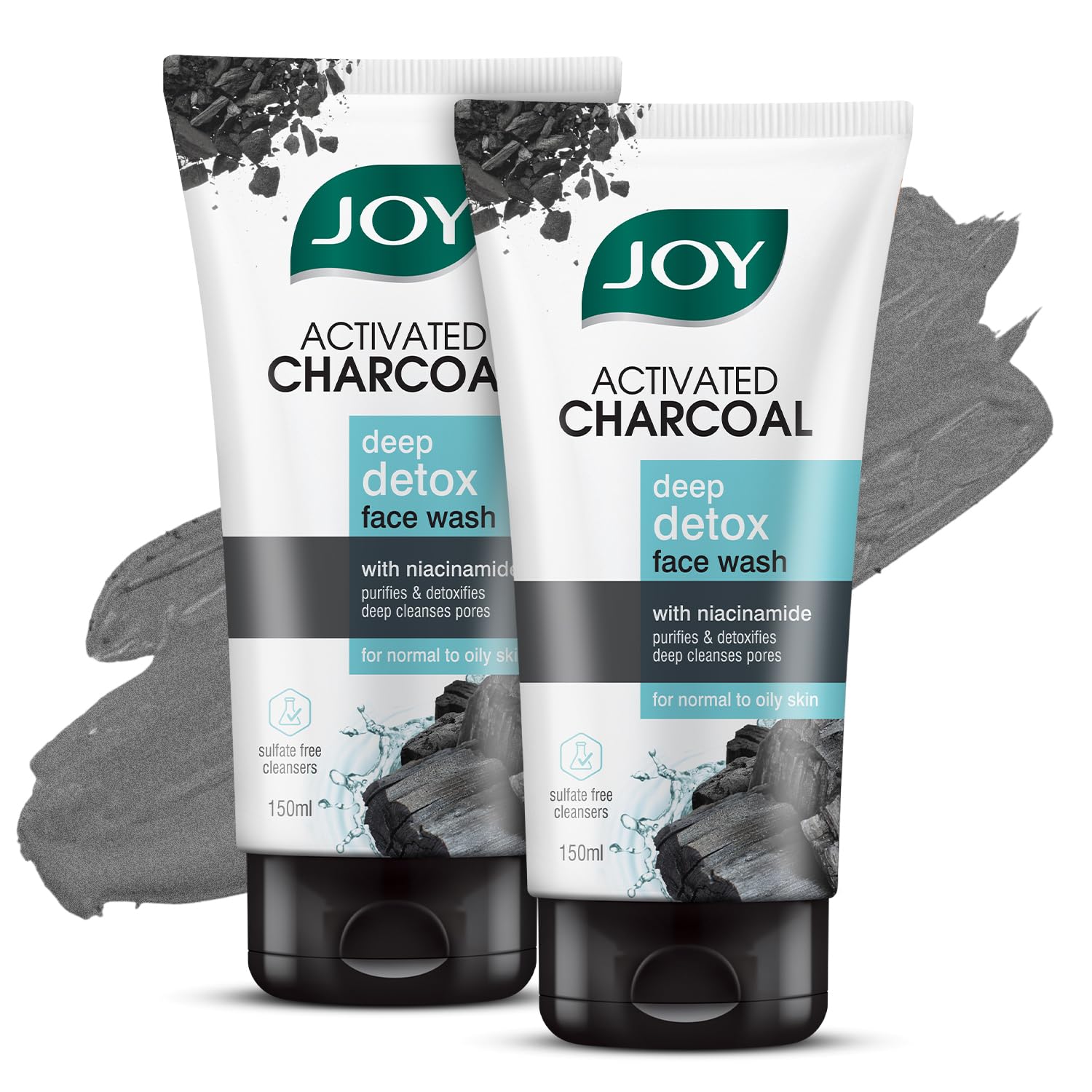 Joy charcoal face wash twin pack tubes on white background