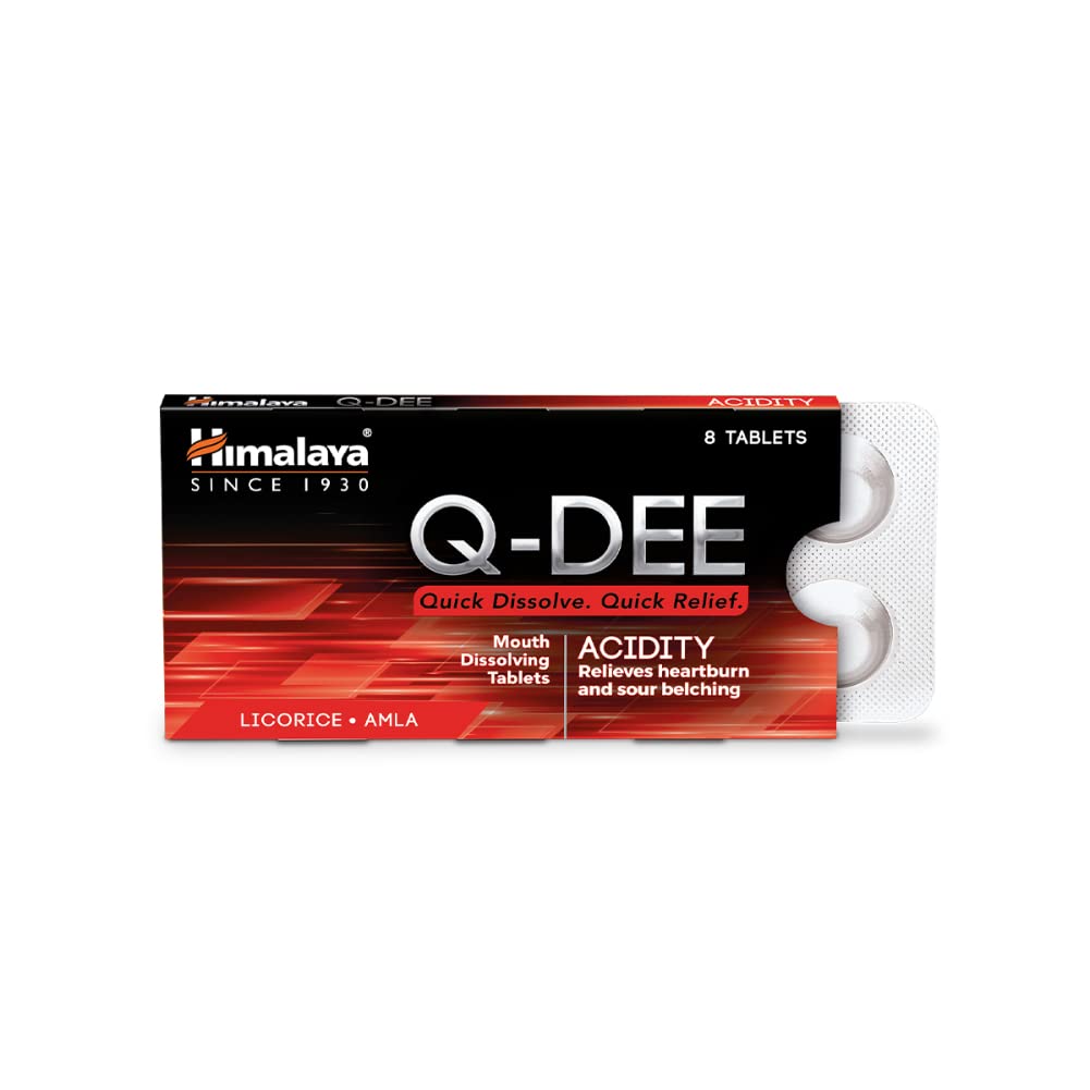 Front view of Himalaya Q-Dee Acidity 8 tabs pack of 20