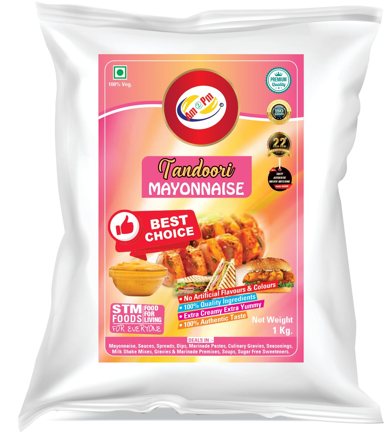 Am 2 Pm - Tandoori Mayonnaise 1kg Multipurpose Creamy Sauce For Burgers, Sandwiches Salad Dressing, Fresh Veg Non Veg Fried Snack Wraps & Rolls Hot Dog Momos