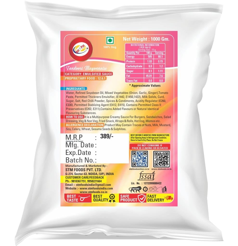 Am 2 Pm - Tandoori Mayonnaise 1kg Multipurpose Creamy Sauce For Burgers, Sandwiches Salad Dressing, Fresh Veg Non Veg Fried Snack Wraps & Rolls Hot Dog Momos – view 2