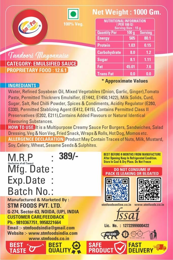 Am 2 Pm - Tandoori Mayonnaise 1kg Multipurpose Creamy Sauce For Burgers, Sandwiches Salad Dressing, Fresh Veg Non Veg Fried Snack Wraps & Rolls Hot Dog Momos – view 3