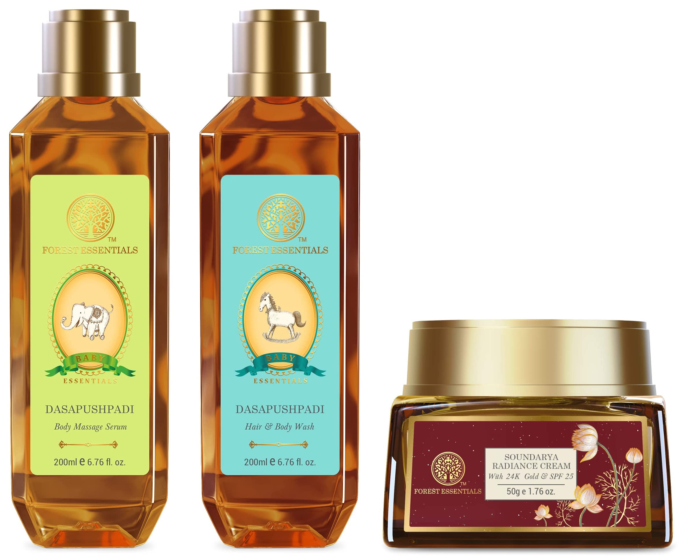 Forest Essentials Soundarya Radiance Cream With 24K Gold & SPF25 & Forest Essentials Dasapushpadi Baby Body Massage Serum 200ml (Baby Oil) & Forest Essentials Baby Hair & Body Wash Dasapushpadi 200ml – view 1