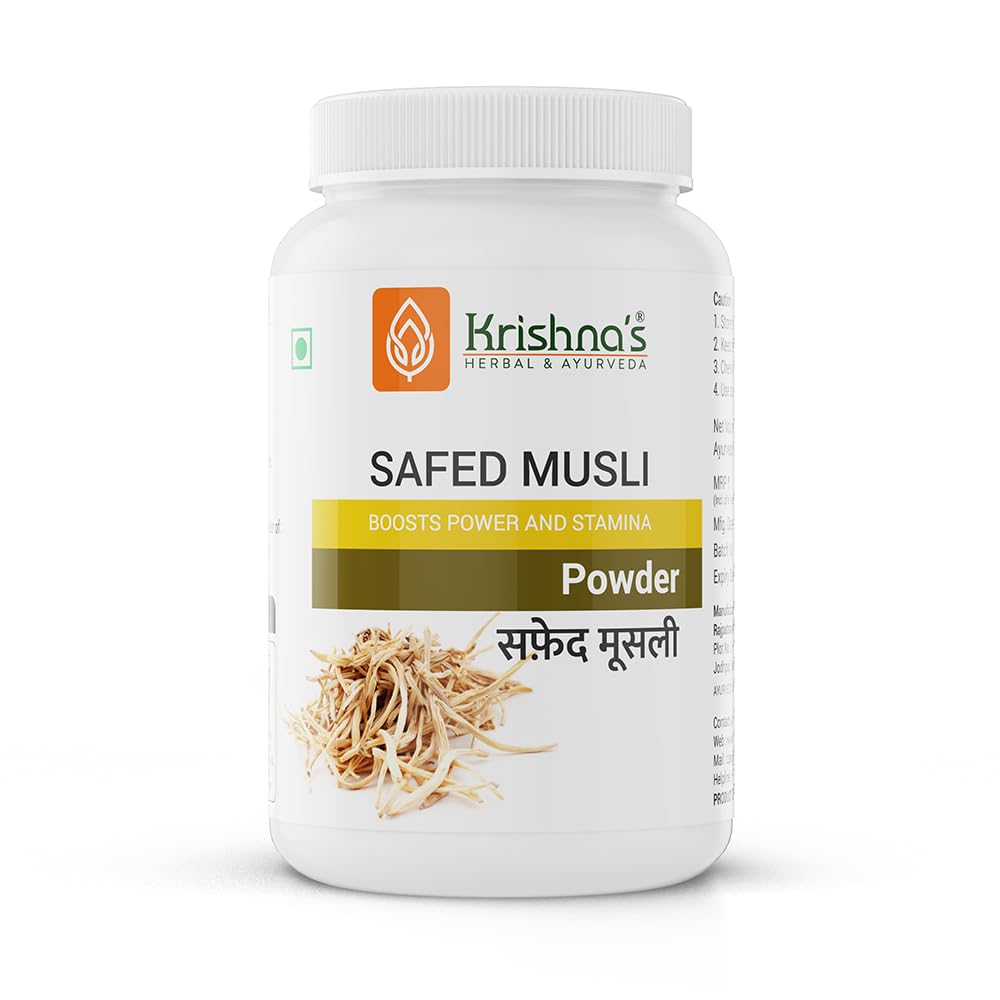 Front pack of Krishna's Safed Musli powder 100 g