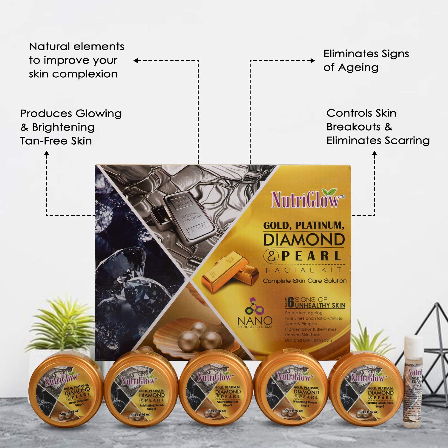 NutriGlow Platinum Diamond Gold and Pearl Facial kit 6-Pieces Skin Care Kit For Women, 250 gm+10ml – view 3