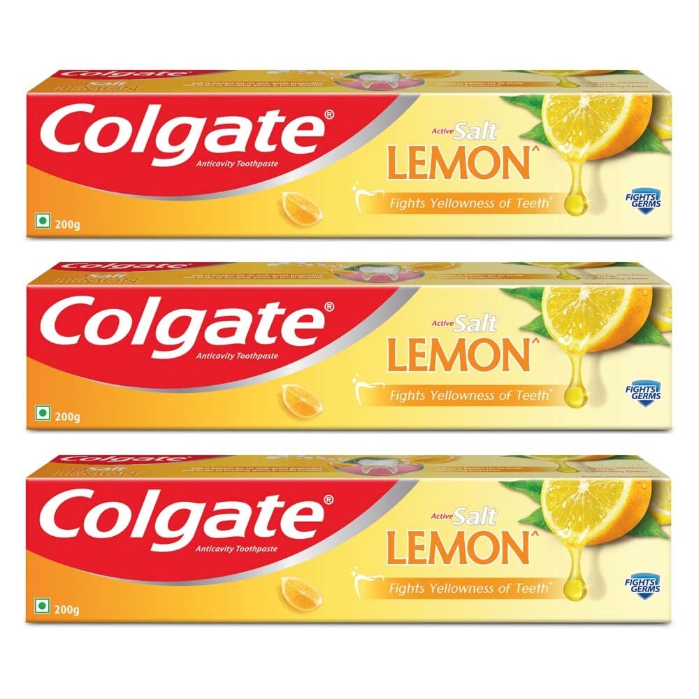 Colgate lemon toothpaste pack showing three 200g active salt tubes