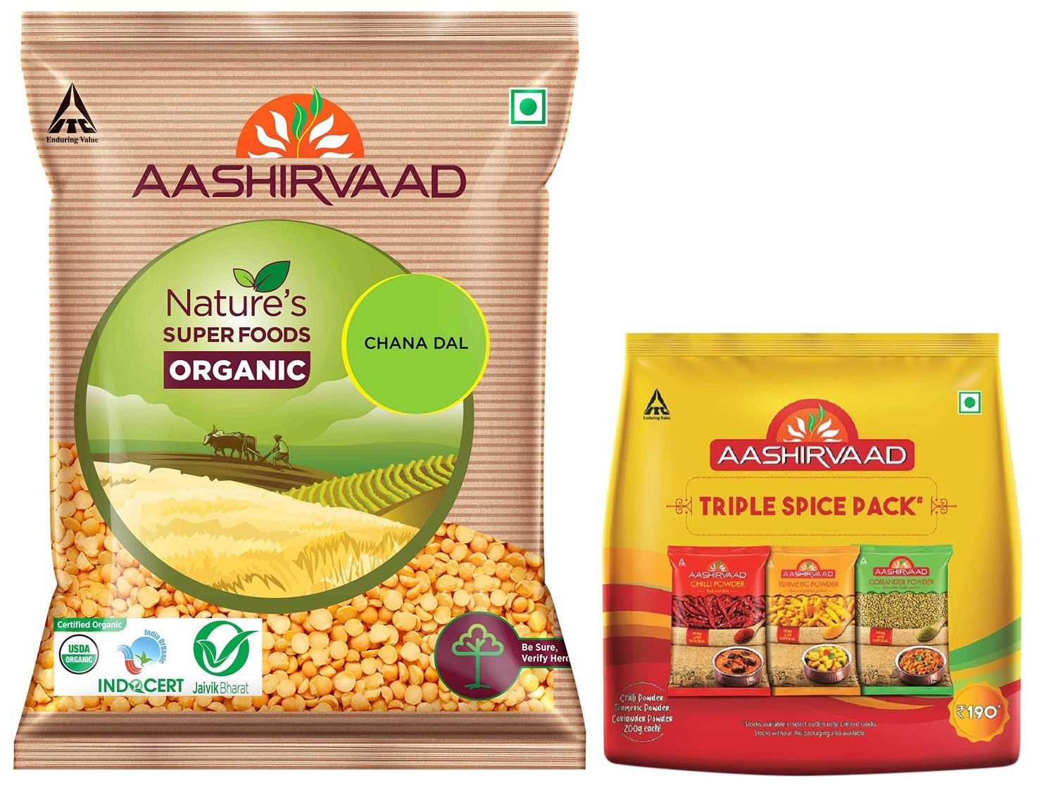Aashirvaad Nature's Super Foods Organic Chana Dal Pouch, 1 kg & Aashirvaad Spices Combo Pack (Chilli 200g Turmeric 200g Coriander 200g)