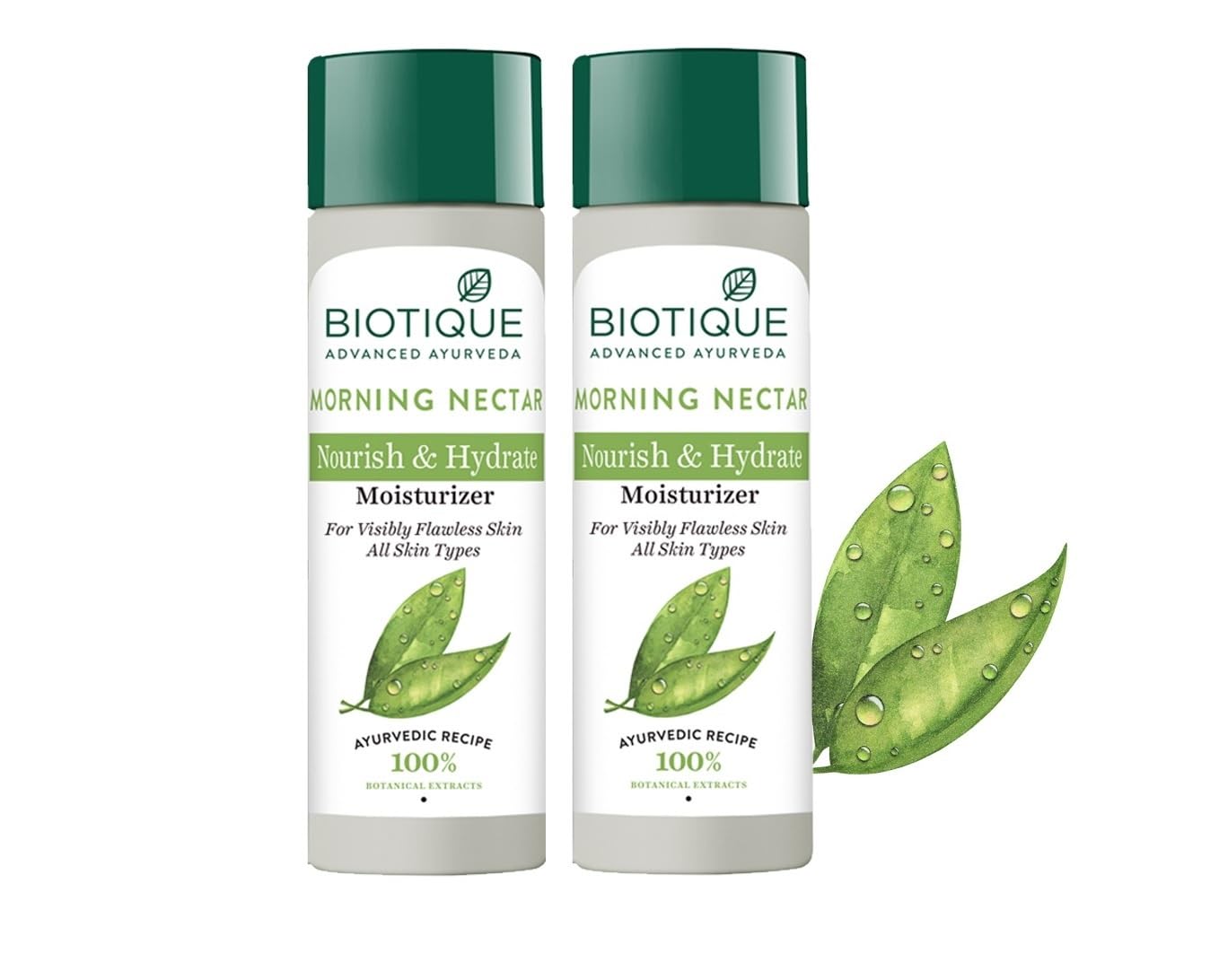 Two Biotique Morning Nectar face lotion bottles with nectar scent