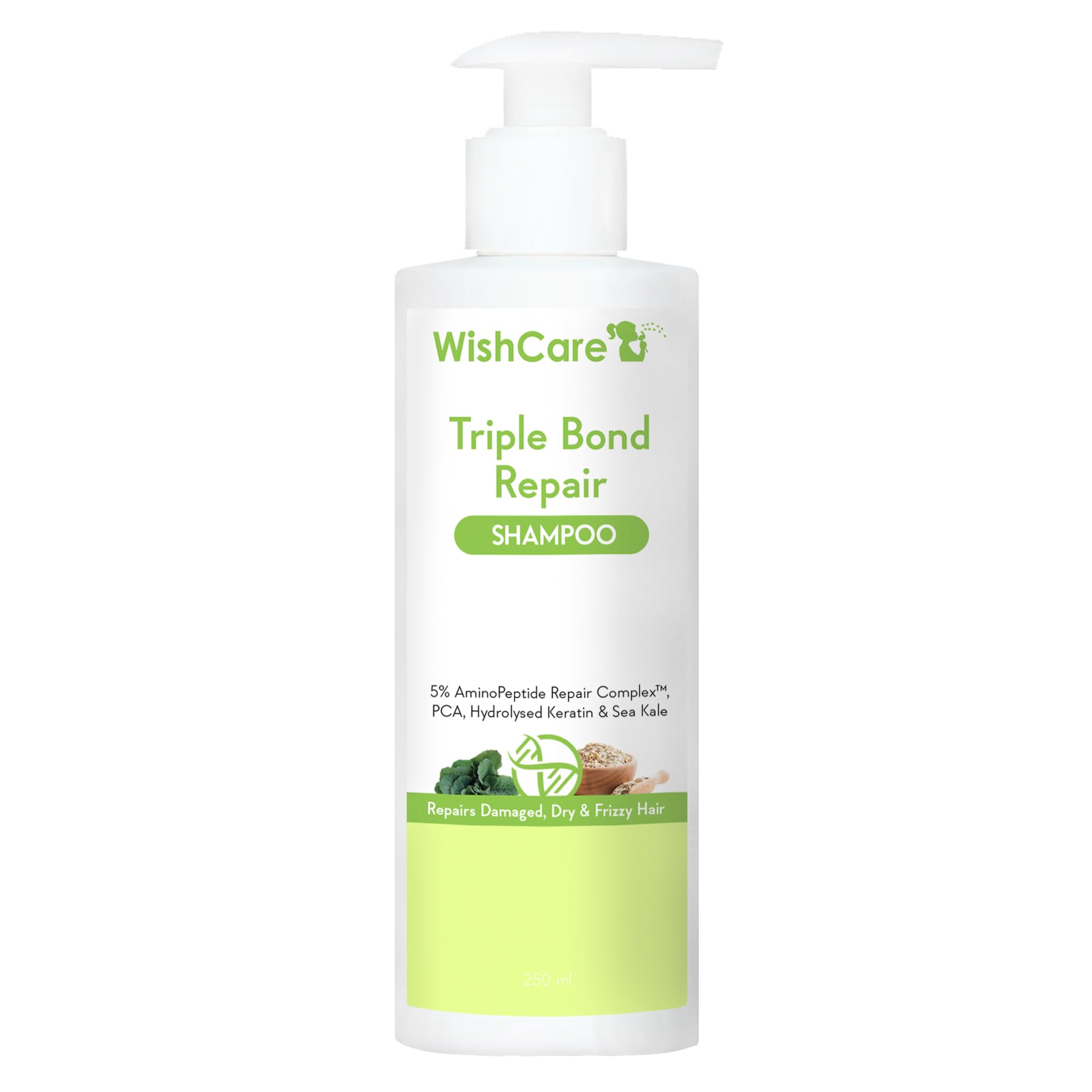 WishCare shampoo bottle with 5% AminoPeptide Repair Complex, 250 ml