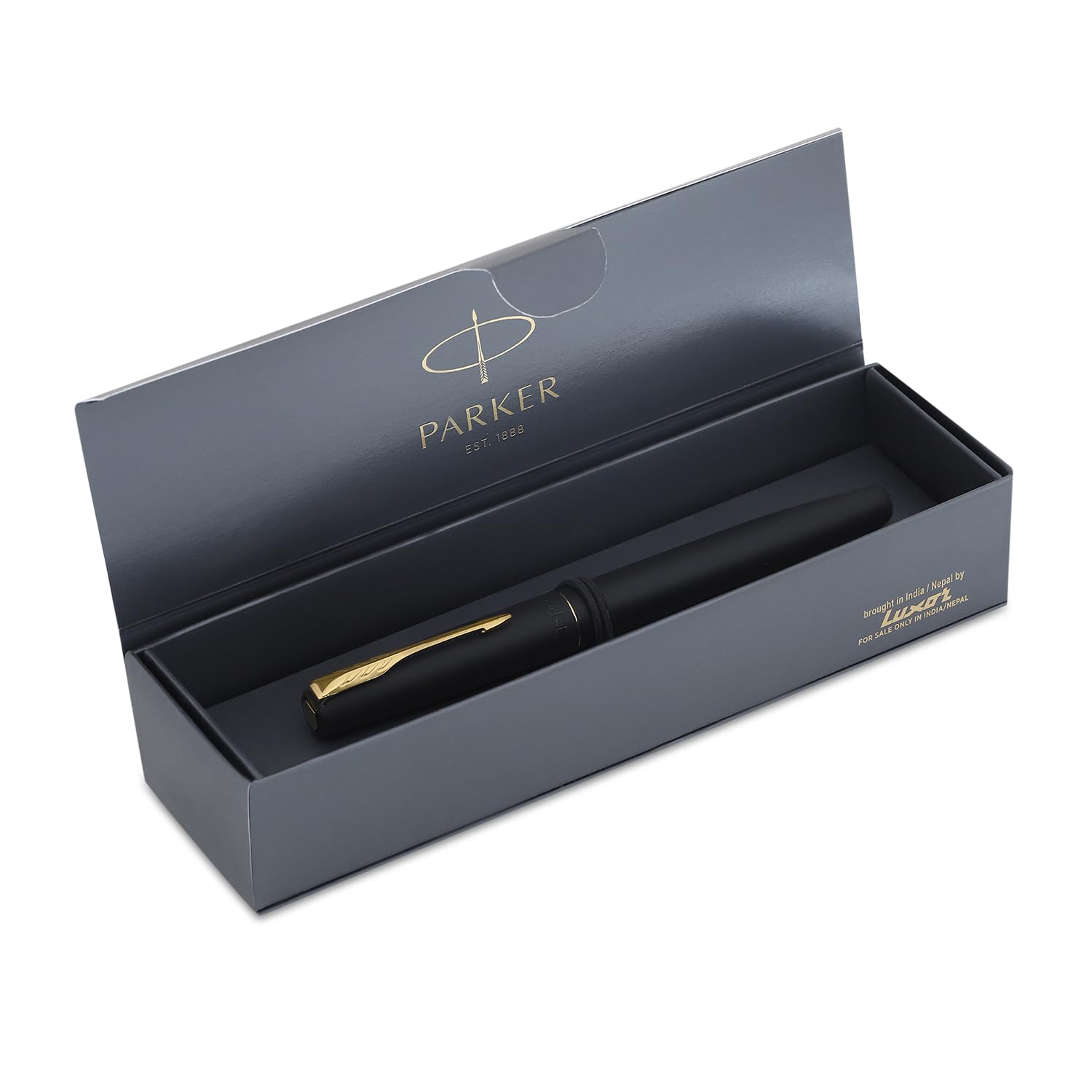 Matte black Parker Frontier fountain pen with gold trim and clip