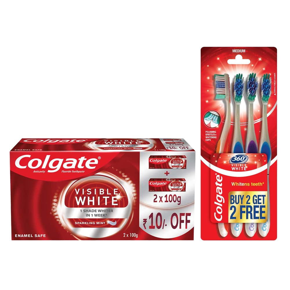 Colgate whitening toothpaste bundle with four Visible White toothbrushes