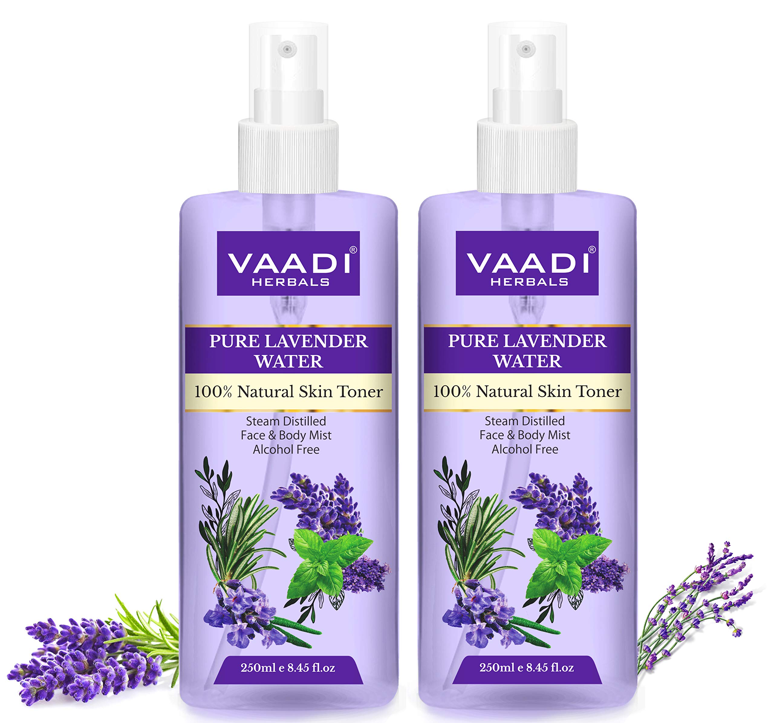 Two bottles of Vaadi Herbals lavender water skin toner