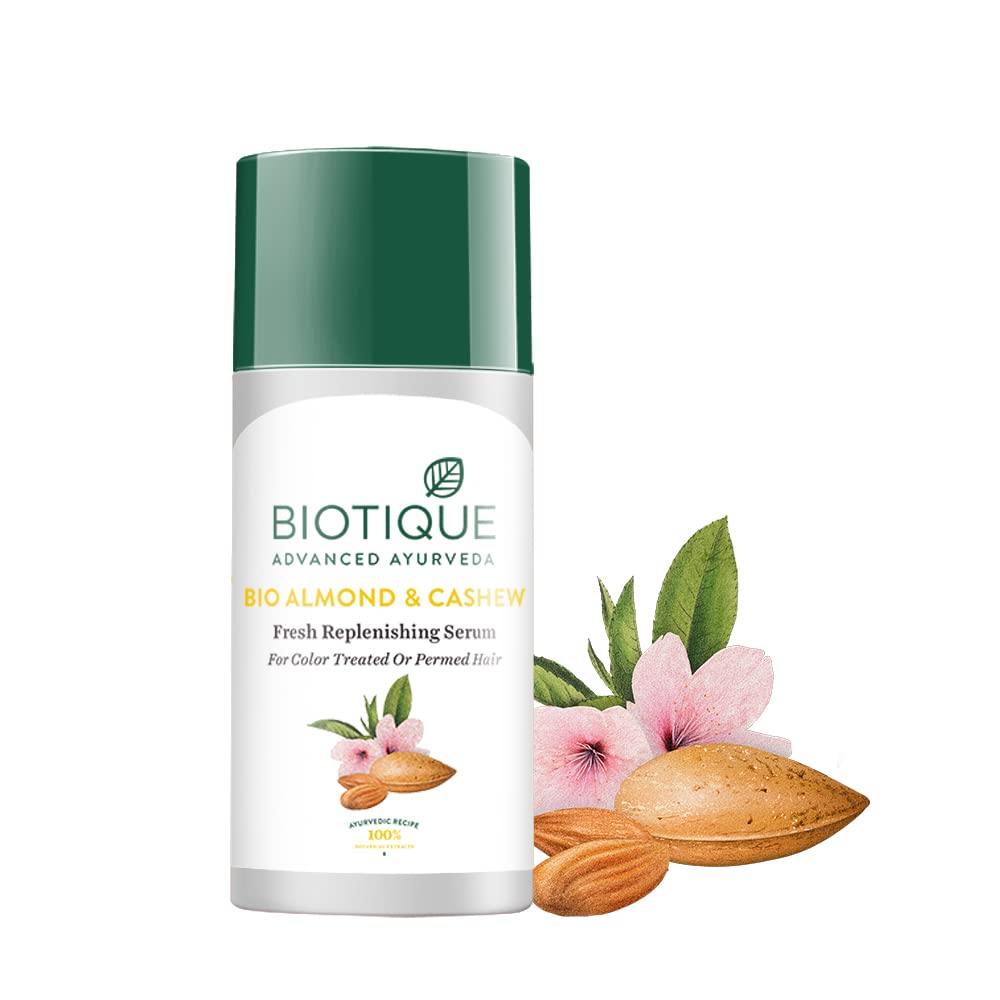 Biotique hair serum bottle with almond and cashew formula