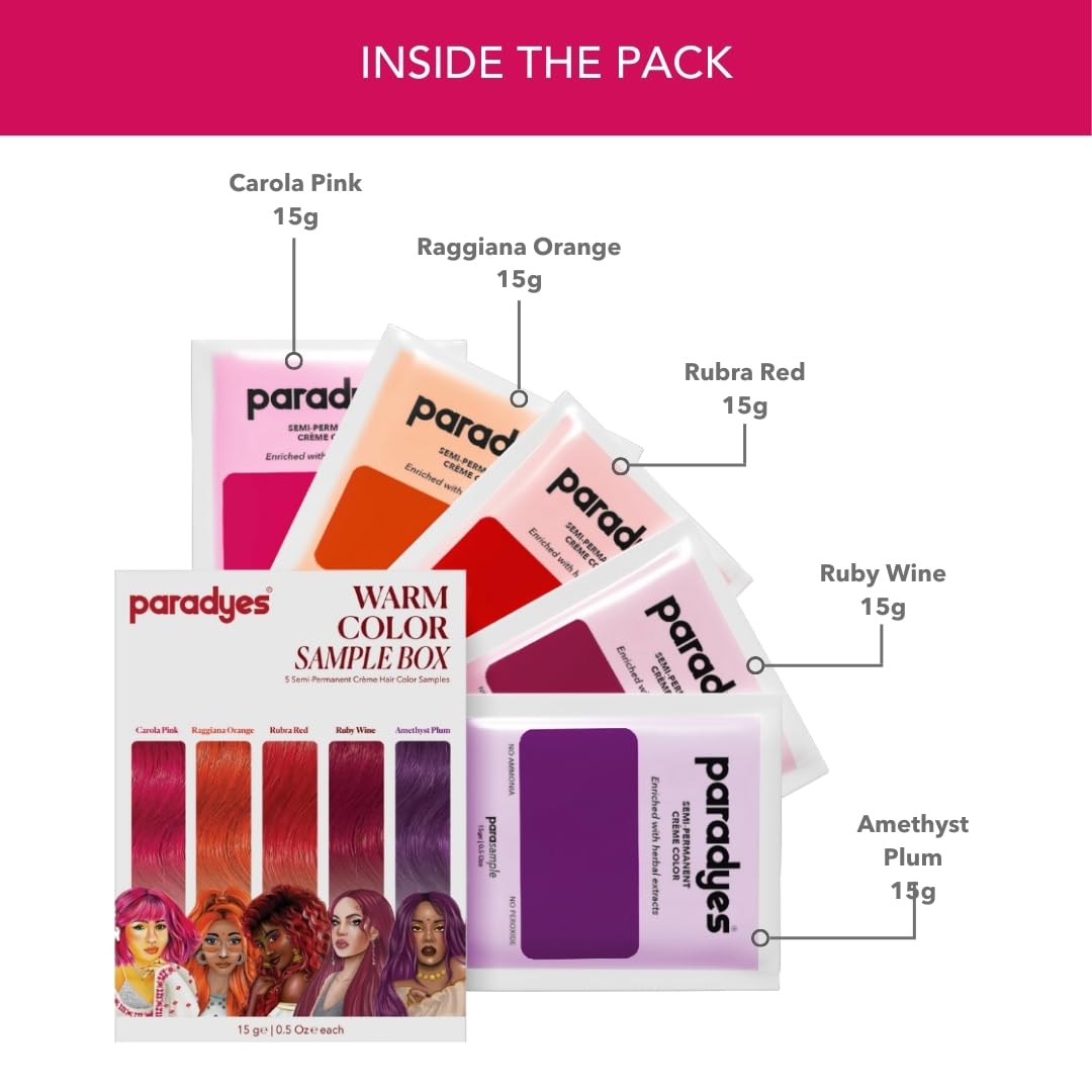 Paradyes Warm Hair Color Sample Box (Carola Pink, Ruby Wine, Rubra Red, Amethyst Plum & Raggiana Orange) – view 2