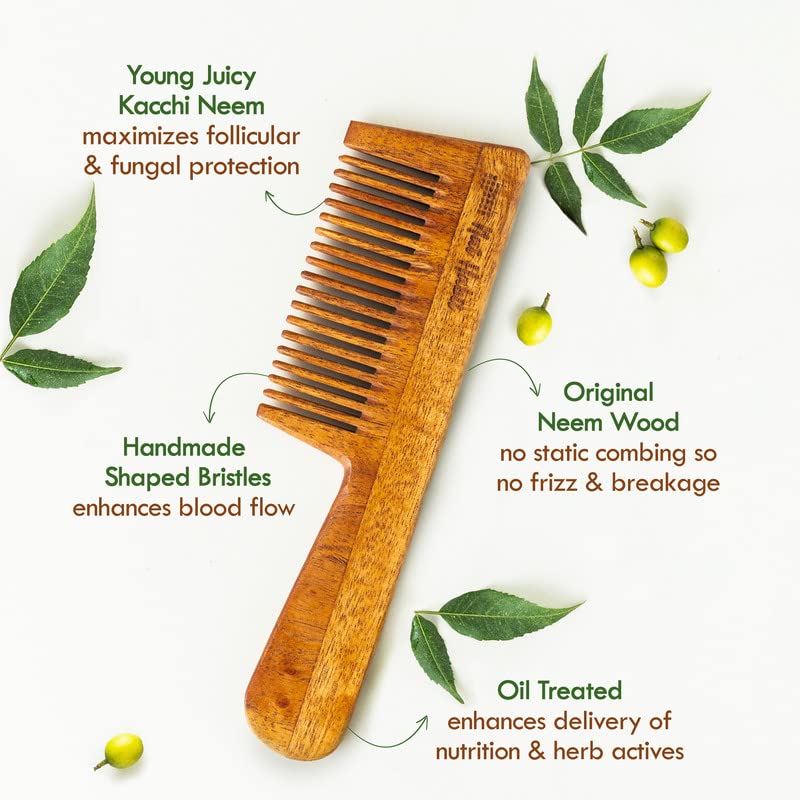 Nat Habit Kacchi Neem Wooden Comb, Soaked In 13 Herbs Neem & Sesame Oil For Multi-Actions - Detangling, Frizz Control & Shine, Suited for All Hair Types (Fine Tooth) – view 3
