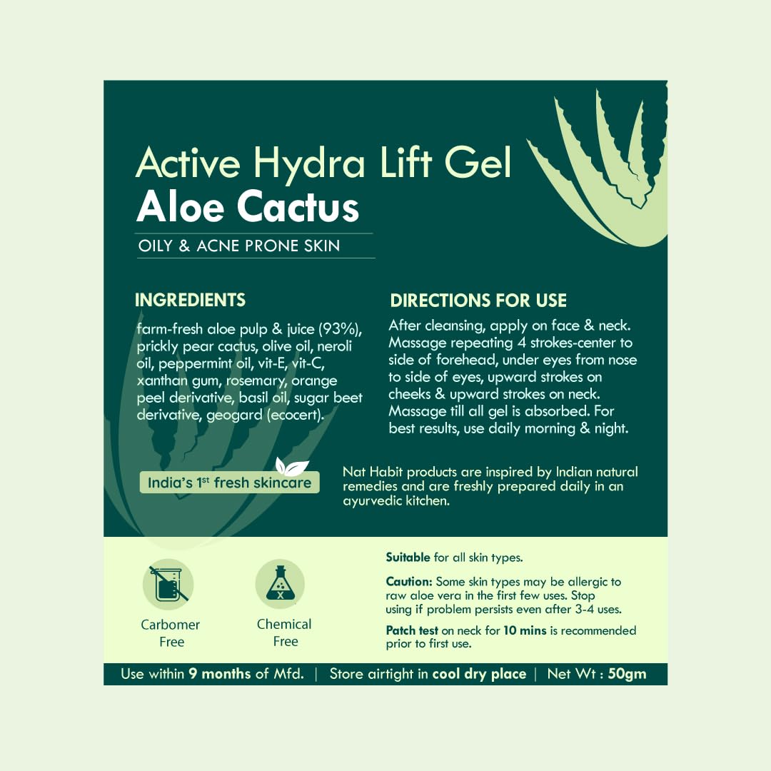Nat Habit Active Face Gel, Aloe Cactus Hydra Lift For Rapid Hydration Boost & Moisture Lock With Cooling, Soothing, SunBurn Healing & UV Protection, 50gm – view 9