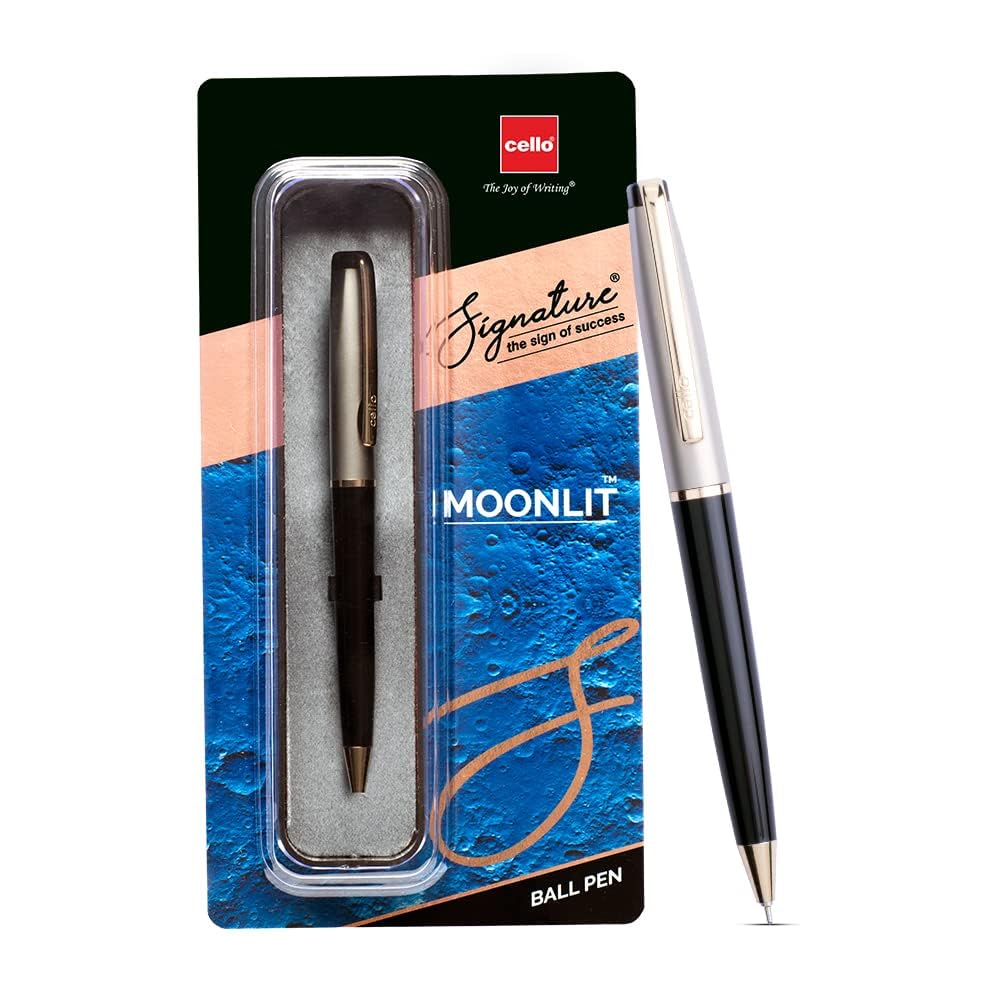 Cello Moonlit twist ball pen with white gold, gold, and black finish