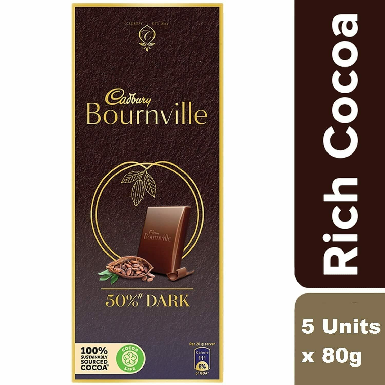 Cadbury Bournville Rich Cocoa 50% Dark Chocolate Bar, 80 Gm (Pack Of 5) – view 2