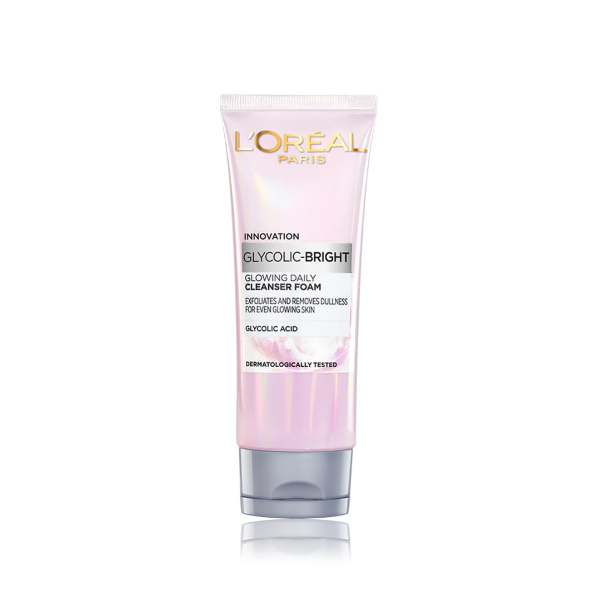 Front view of L'Oréal Paris Glycolic Bright facial cleanser 50 ml bottle