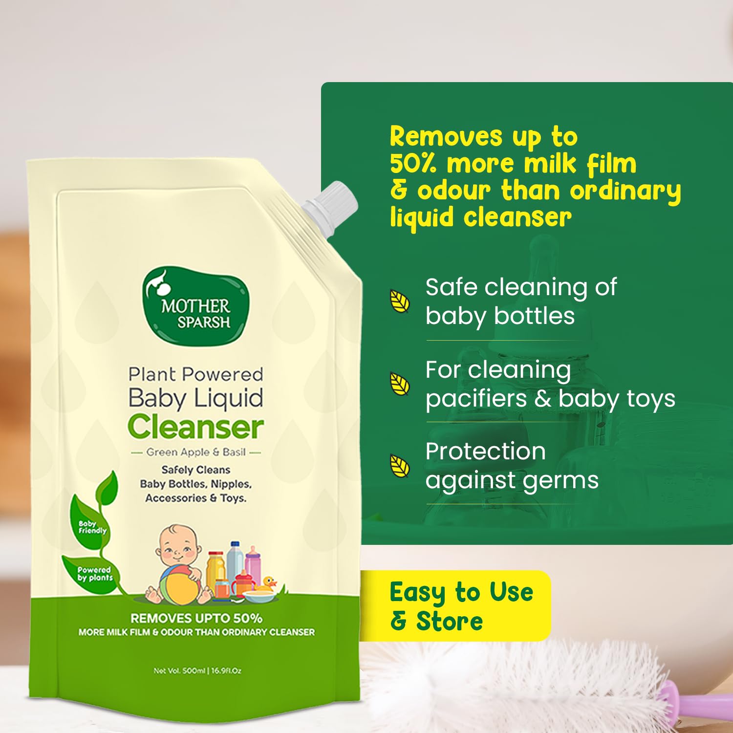 Mother Sparsh Natural Baby Liquid Cleanser (Powered by Plants) Cleanser for Baby Bottles, Nipples, Accessories and Toys, Refill Pack (1L) – view 2