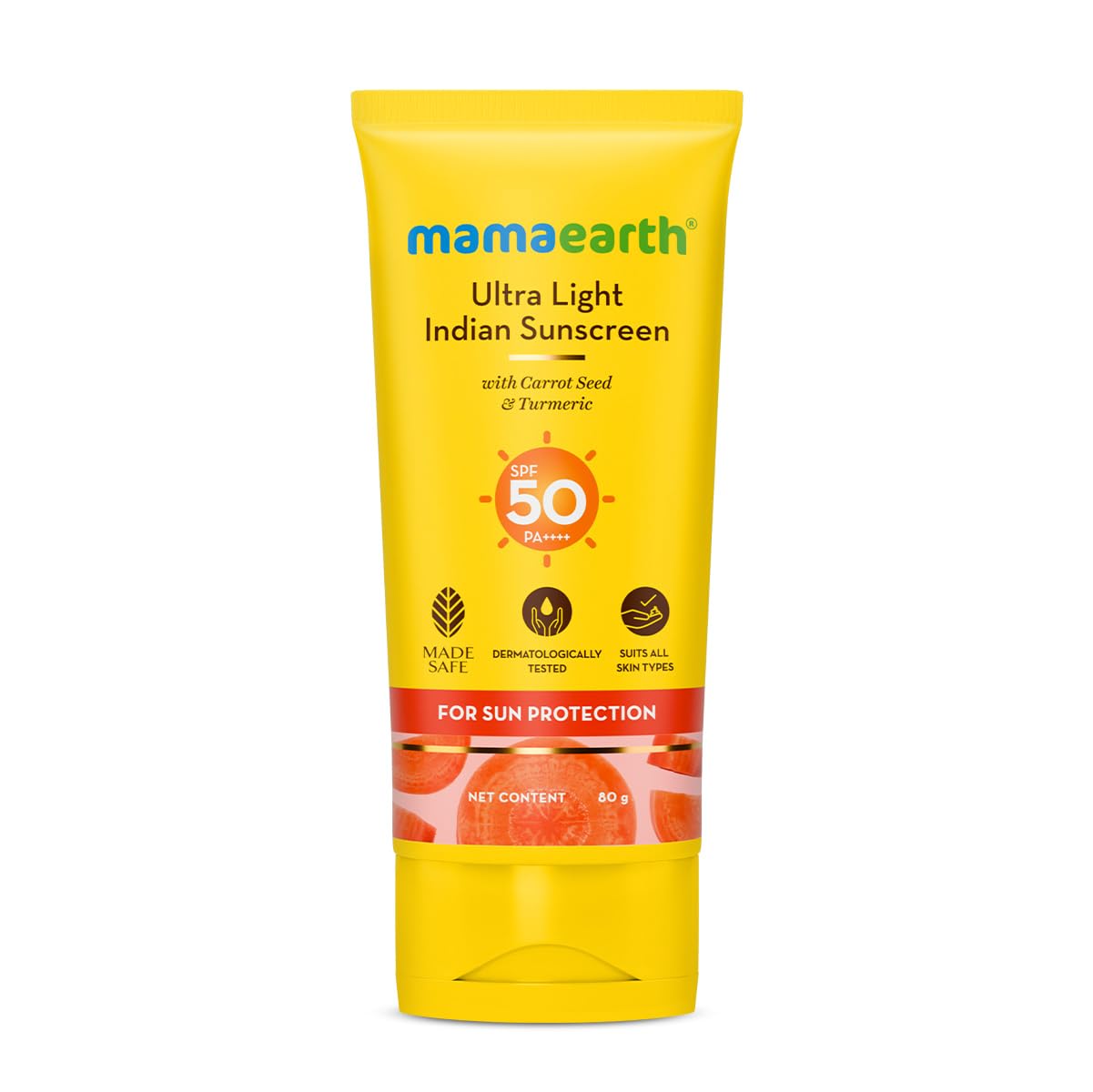 Mamaearth sunscreen tube with carrot seed and turmeric, SPF 50