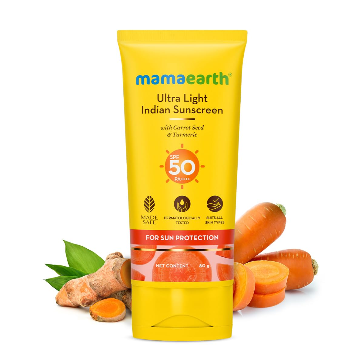 Mamaearth Ultra Light Indian Sunscreen For All Skin Types With Carrot Seed, Turmeric And Spf 50 Pa+++ - 80Ml, Pack Of 1 – view 2