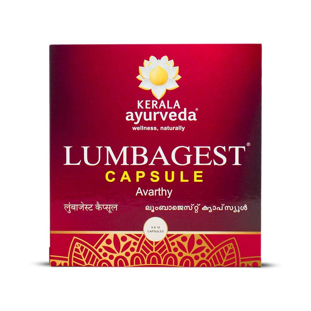 Bottle of Kerala Ayurveda Lumbagest herbal capsules for adults