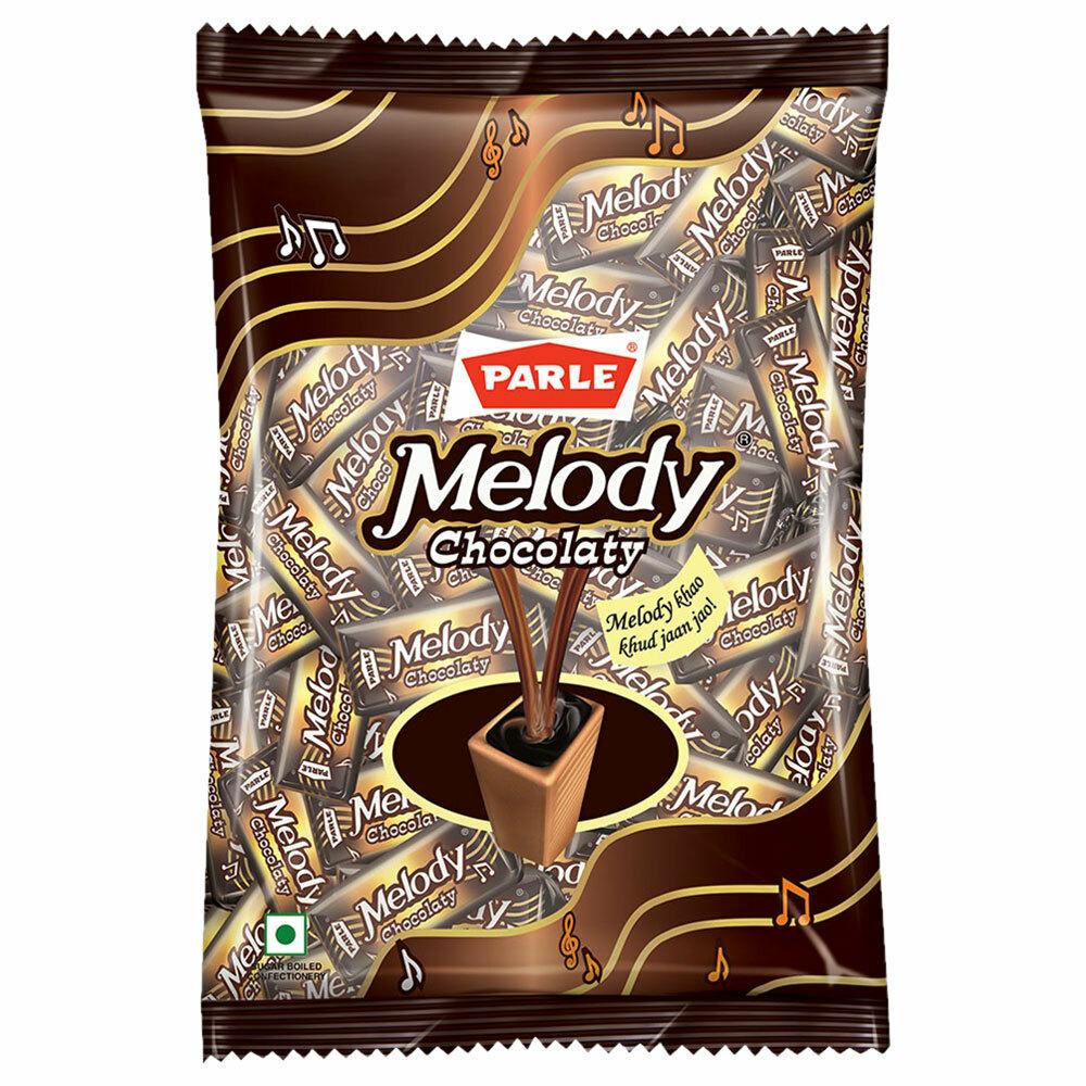 Parle Melody candy bag showing caramel chocolate strawberry flavor assortment