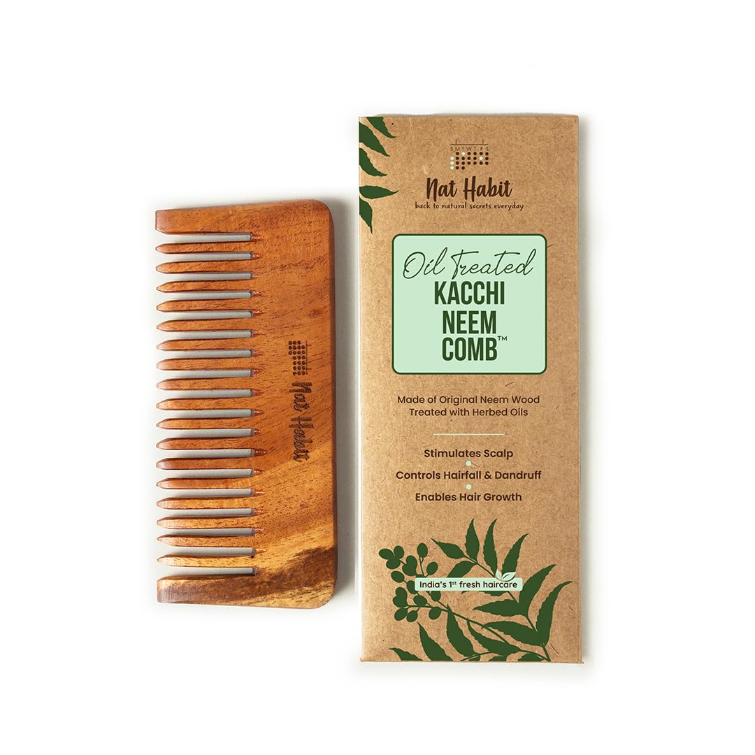 Small brown neem wooden shampoo comb with wide teeth by Nat Habit