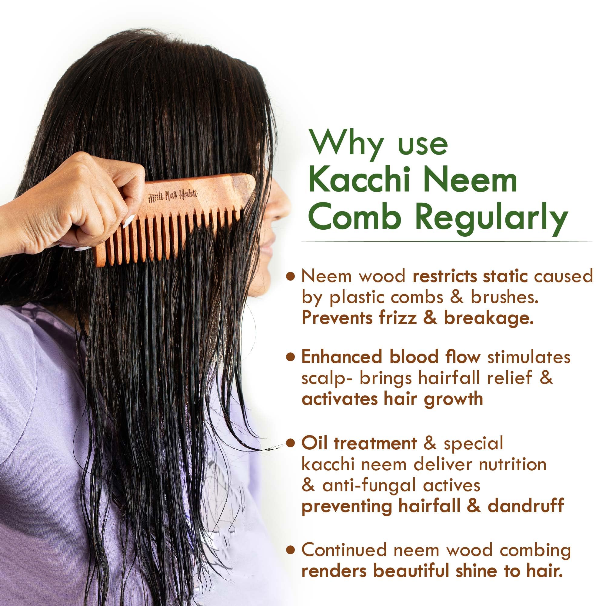 Nat Habit Kacchi Neem Wooden Shampoo Comb, Soaked In 13 Herbs, Neem & Sesame Oil - For Post Shampoo Detangling Suited For Long & Thick Hair (Wide Tooth- Small Size) Pack of 1 – view 4