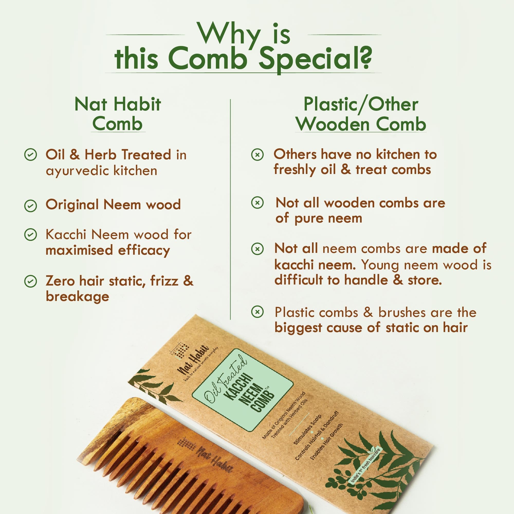 Nat Habit Kacchi Neem Wooden Shampoo Comb, Soaked In 13 Herbs, Neem & Sesame Oil - For Post Shampoo Detangling Suited For Long & Thick Hair (Wide Tooth- Small Size) Pack of 1 – view 6