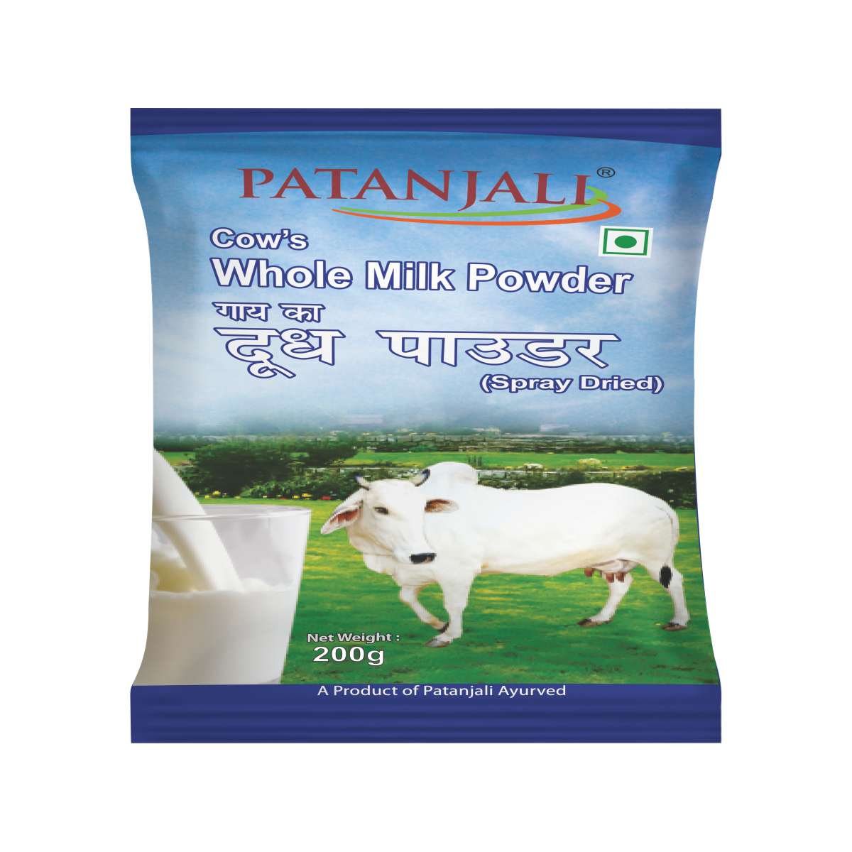 Patanjali 200g whole milk powder packet with product branding