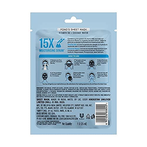 POND'S Hydrating Sheet Mask, With 100% Natural Coconut Water & Vitamin B3 For Dewy Radiant Skin, Paraben Free, Biodegradable Fabric, 25 ml – view 3