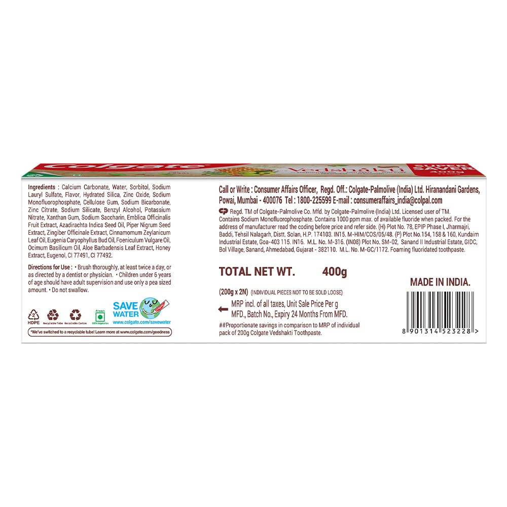 Colgate Vedshakti Toothpaste, Anti-Bacterial Paste For Whole Mouth Health, With Neem, Clove, And Honey, 400G, 200G X 2 (Saver Pack), Freshening – view 7