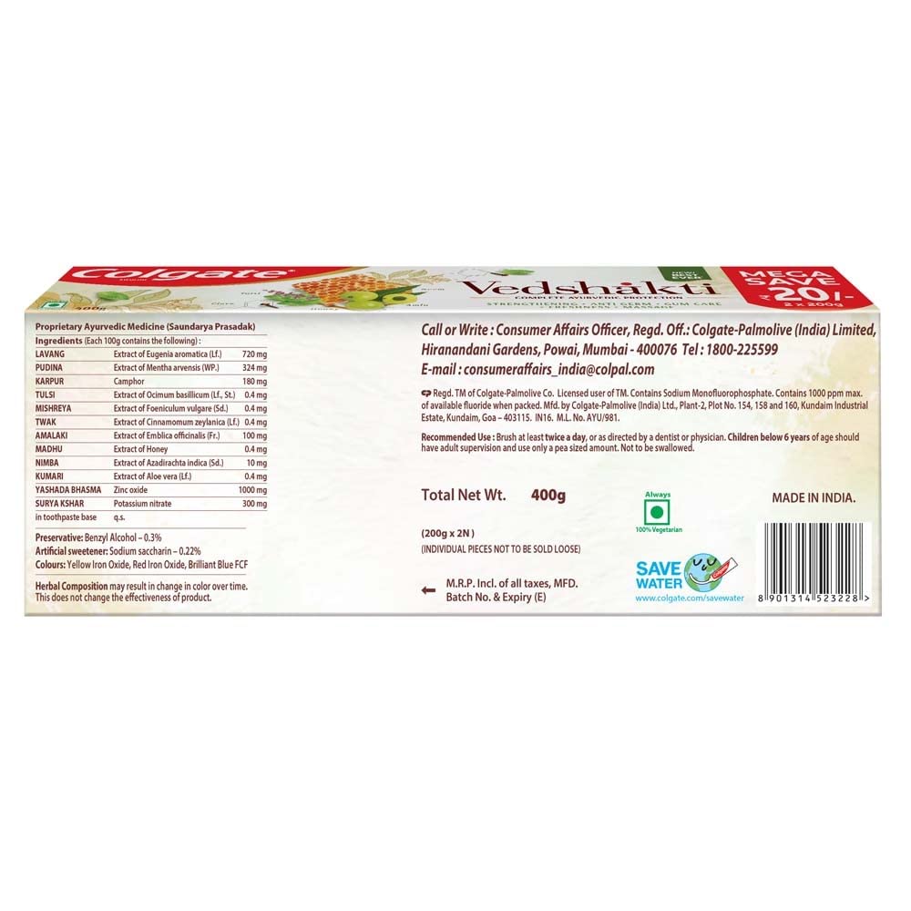 Colgate Vedshakti Toothpaste, Anti-Bacterial Paste For Whole Mouth Health, With Neem, Clove, And Honey, 400G, 200G X 2 (Saver Pack), Freshening – view 8