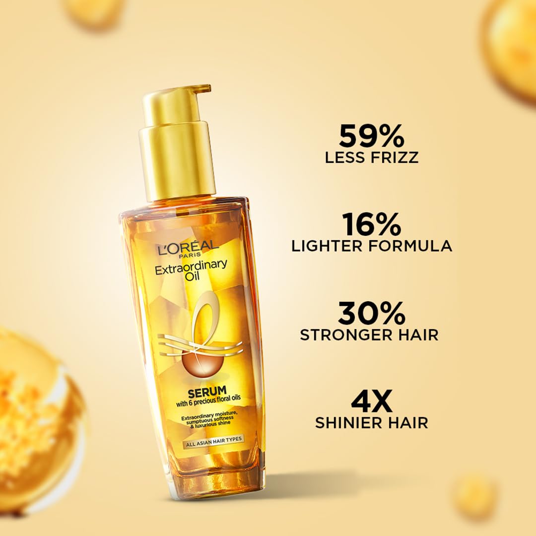 L'Oreal Paris Serum, Protection and Shine, For Dry, Flyaway & Frizzy Hair, With 6 Rare Flower Oils, Extraordinary Oil, 100ml – view 3