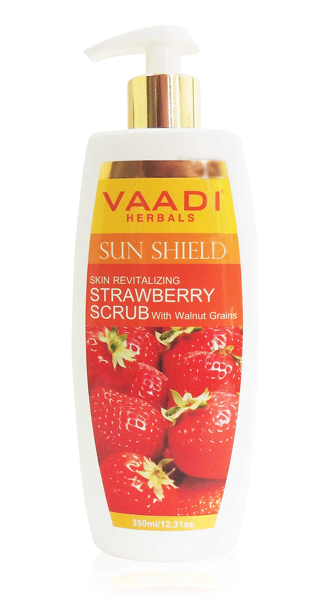 Front bottle of Vaadi Herbals strawberry scrub lotion, 350 ml