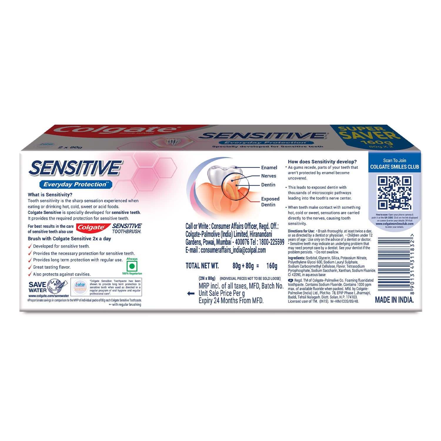 Colgate Sensitive Everyday Protection Toothpaste, Twin Pack Of 160g (80g X 2), Specifically Developed For Sensitive Teeth & Healthy Gums, Colgate Toothpaste For Prevention Of Cavities & Plaque – view 8