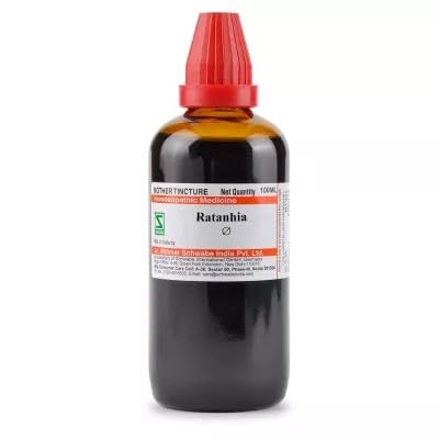 Front-facing bottle of Ratanhia Q Mother Tincture by Dr. Willmar Schwabe India