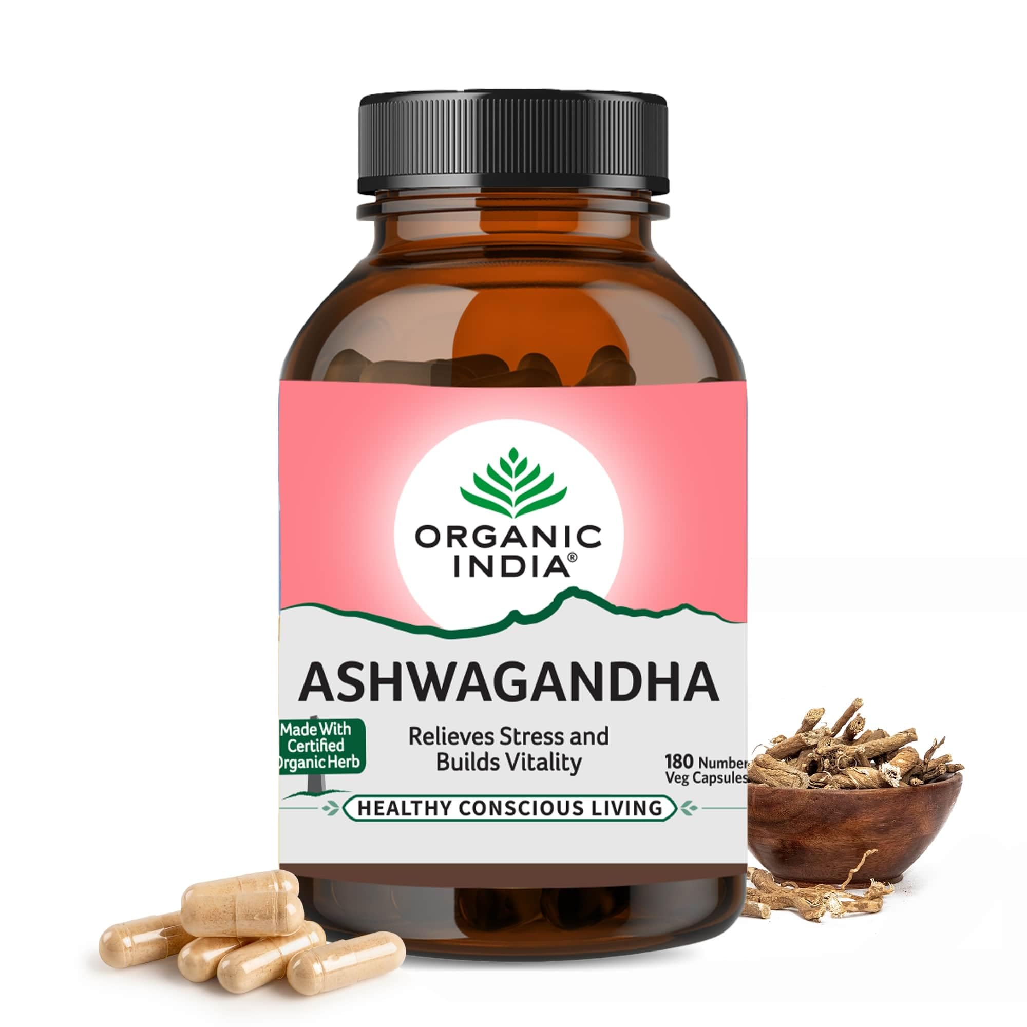Front view of Organic India Ashwagandha Capsules 180 count bottle