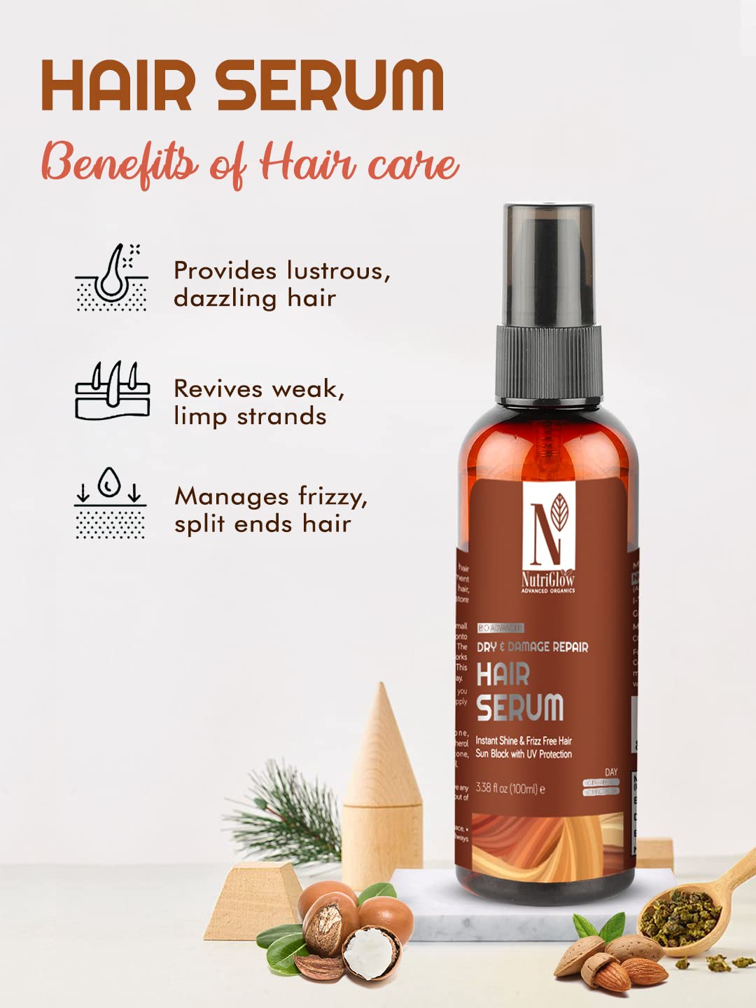 NUTRIGLOW Advanced Organics Dry & Damage Repair Hair Serum/Damage Reverse/Moisture Lock Formulation/Instant Shine/Fizz free hair/No Parabens -100ml – view 3