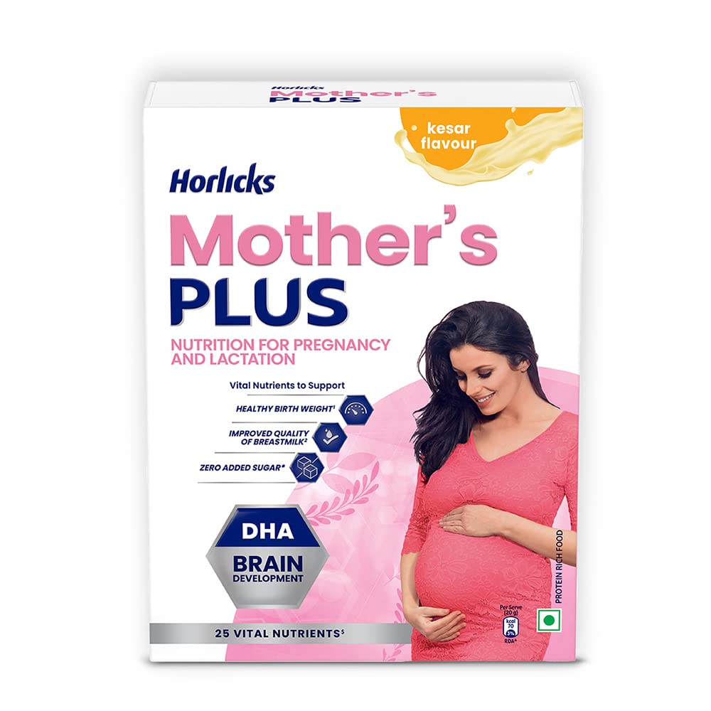 Horlicks Mother's Horlicks Plus Powder, Health Drink For Pregnancy & Lactation, Protein For Healthy Birth Weight, No Added Sugar, Kesar Flavour, Refill, 500G