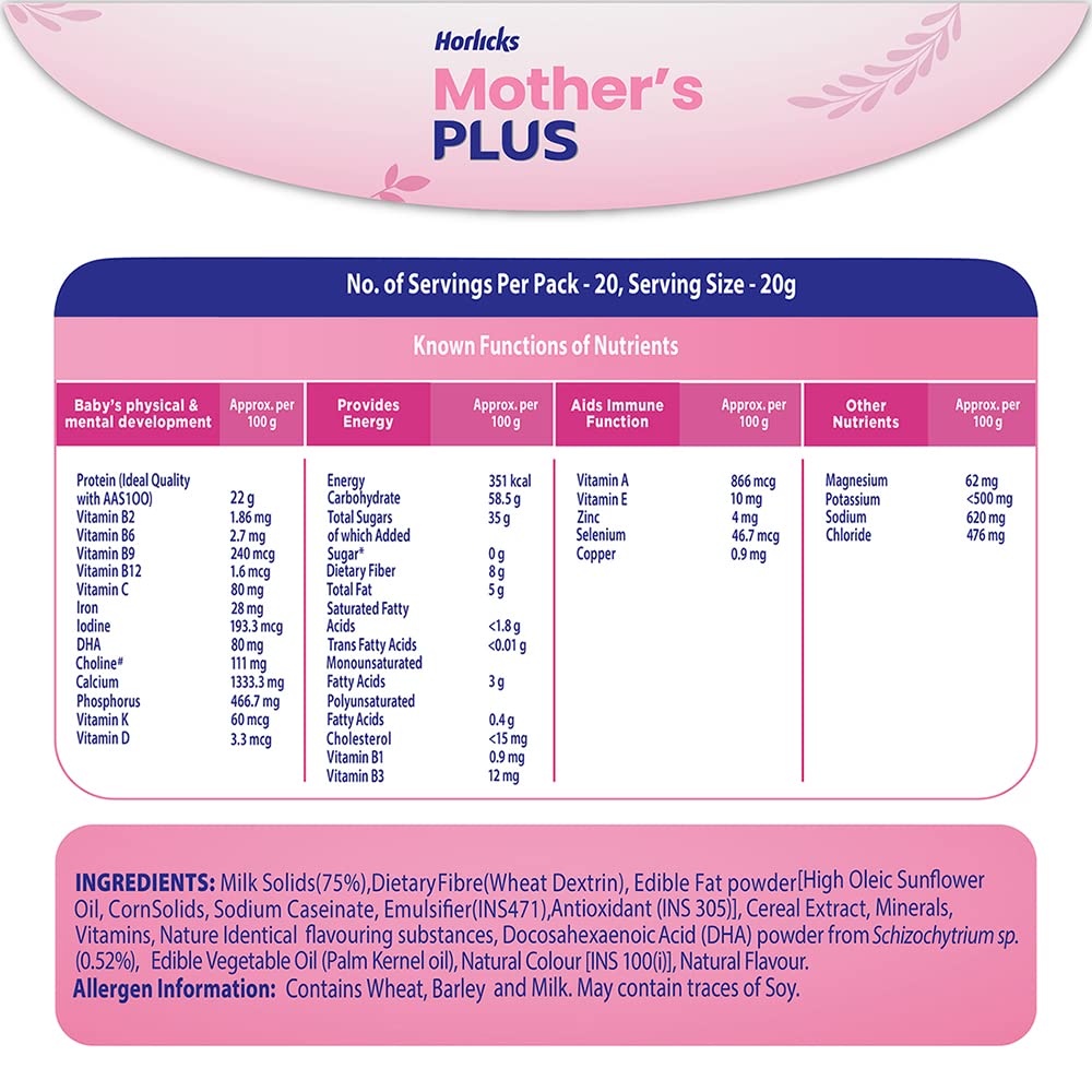 Horlicks Mother's Horlicks Plus Powder, Health Drink For Pregnancy & Lactation, Protein For Healthy Birth Weight, No Added Sugar, Kesar Flavour, Refill, 500G – view 3