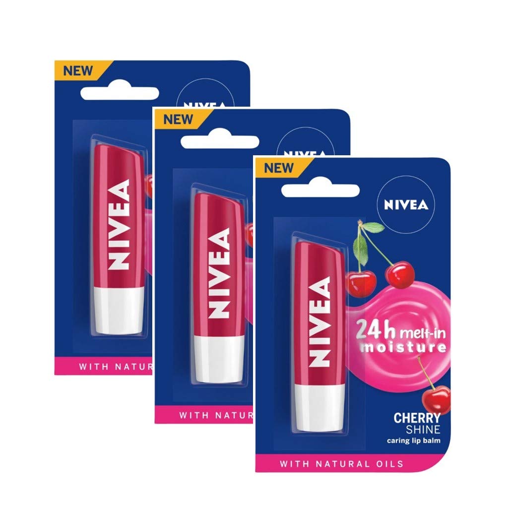 Three Nivea cherry lip balm sticks with glossy shine