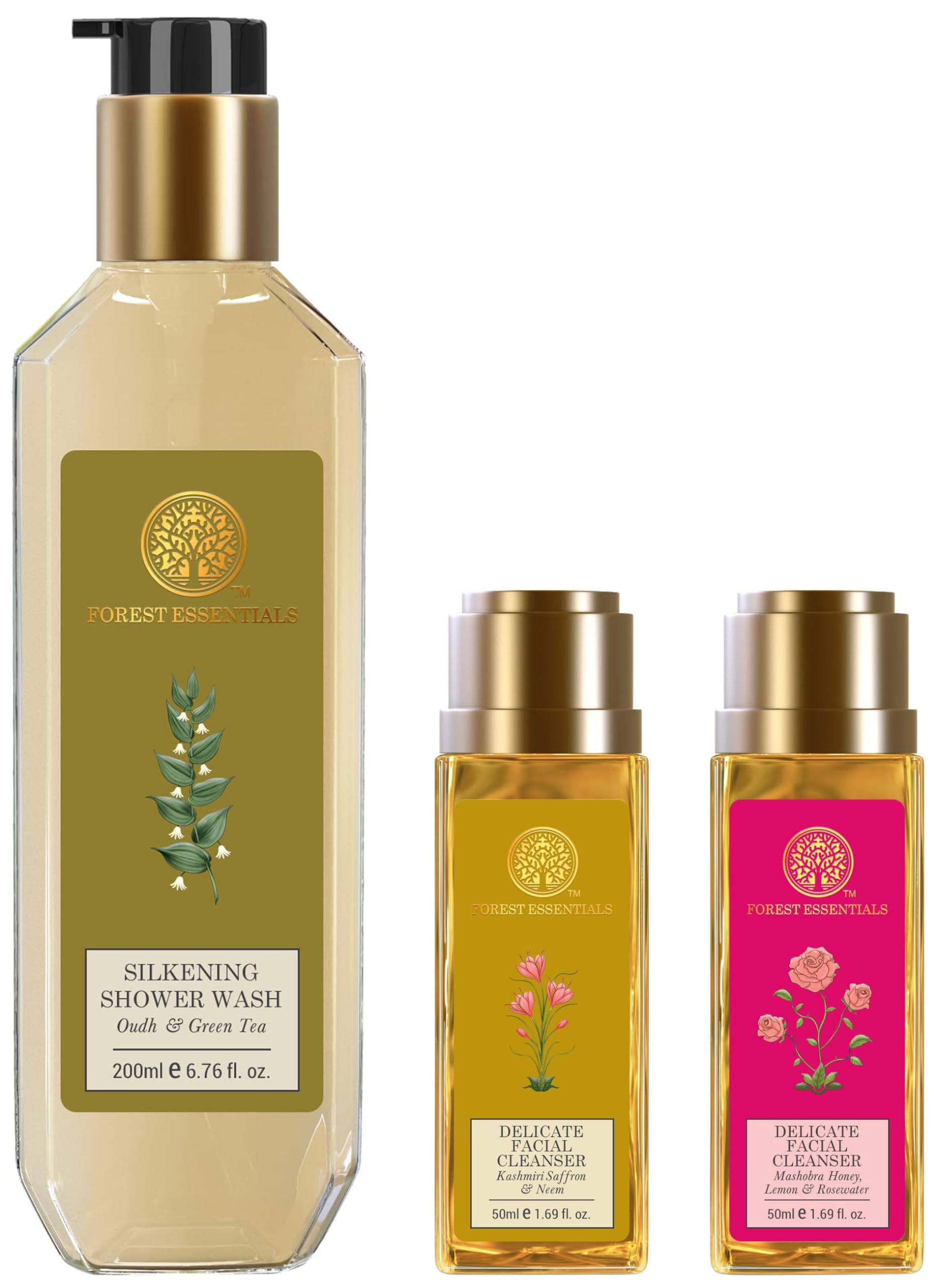 Forest Essentials shower wash and facial cleanser bottle assortment