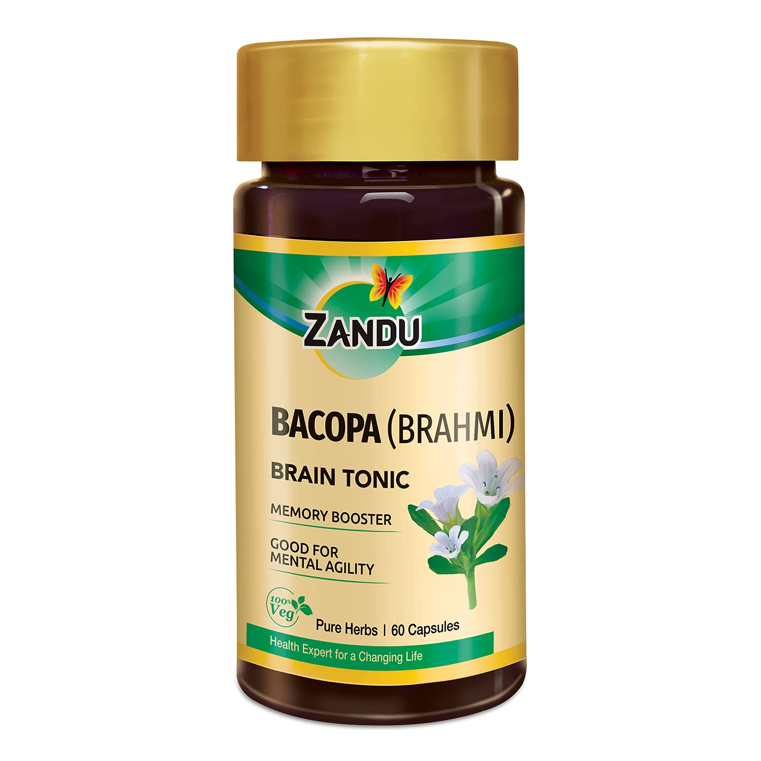 Bottle of Zandu Bacopa Brahmi capsules, 60 count vegan supplement