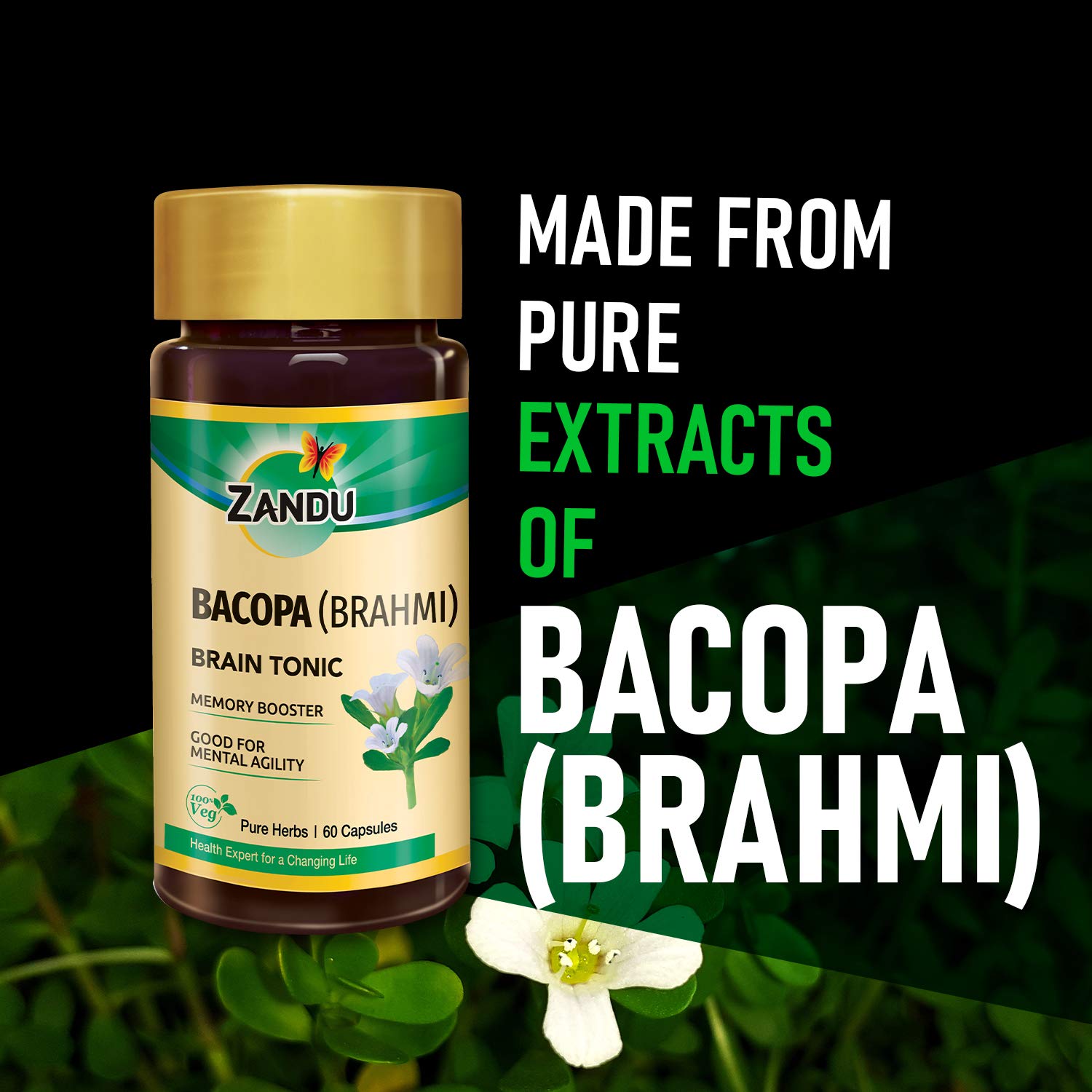 Zandu Bacopa (Brahmi) Capsules: An Age Old Ayurvedic Remedy Made Using Natural Extracts of Brahmi – view 2